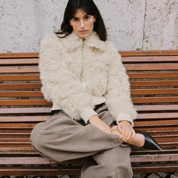 Zara Faux Fur Bomber NWT Jacket Ecru 3046/028/712 Cream XS mob wife old money - Picture 9 of 16